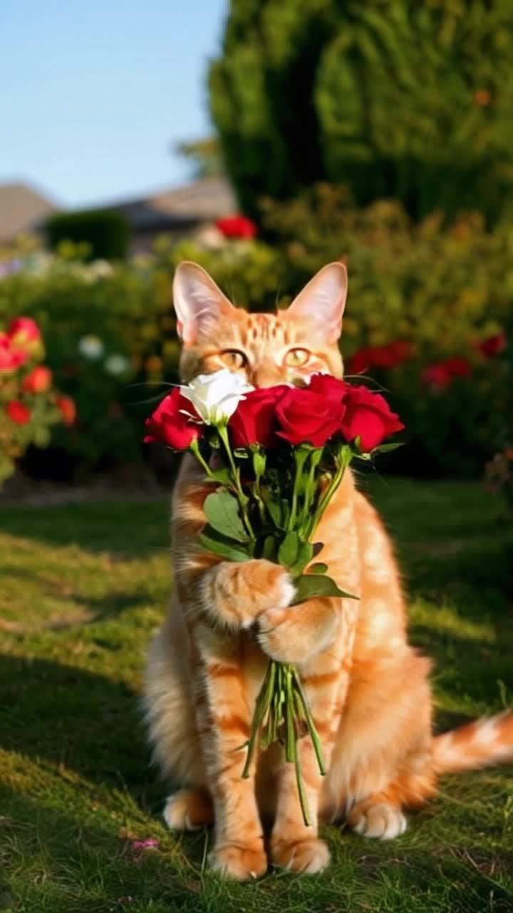 Fluffy ginger cat with oversized ears sparkling eyes presents vibrant bouquet of red white roses gracefully blooming revealing delicate petals Cats paws gently clutched stems soft fur glistening in golden sunlight Playful whiskers twitching with excitement Flowers exuding fragrant aroma creating enchanting atmosphere Surrounding lush green garden bursting with vibrant colors butterflies fluttering through clear blue sky casting playful shadows upon soft grass
