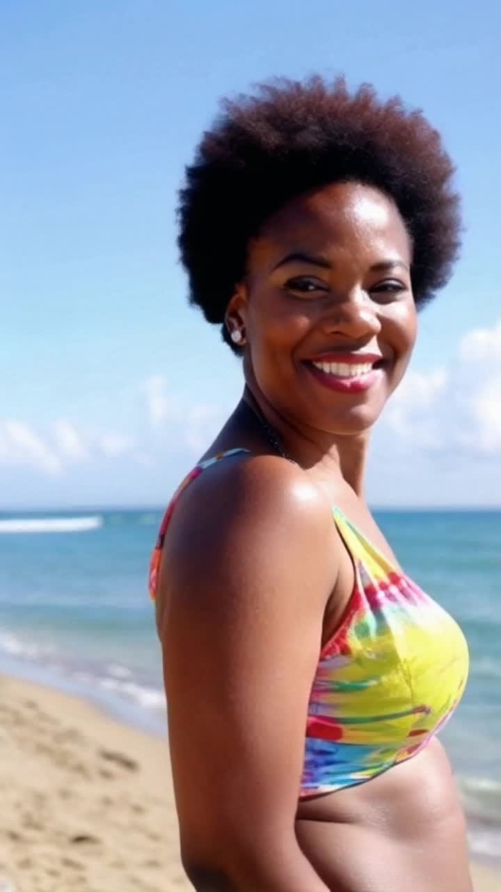 Curvy cheeky figure playfully winks over shoulder Brilliant white corner accent catches sunlight Sparkling beach backdrop with soft waves lapping shore Colorful beach umbrella in distance vibrant summer day
