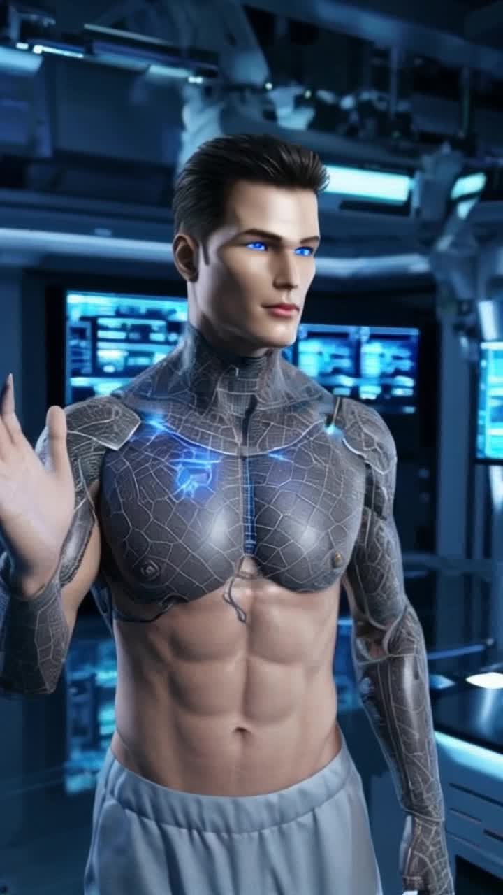 Blue eyes smoth skin Lifelike male AI character with intricate circuitry visible beneath smooth skin captivating blue eyes radiating intelligence exuding charisma Standing confidently with one hand raised as if interacting with an unseen holographic display Hightech futuristic laboratory filled with glowing screens and robotic arms humming softly around him sleek metallic surfaces reflecting ambient light