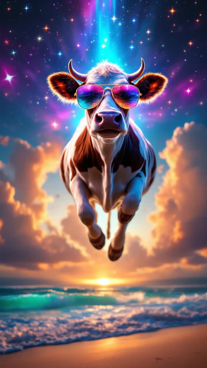 Holstein cow suspended midair glowing with psychedelic Aurora shimmer wearing flashy Ray Ban sunglasses vibrant multicolored patterns swirling around Action being lifted by a brilliant tractor beam illuminating its form Radiant clouds of stardust drifting gracefully across a breathtaking sky azure waves crashing on pristine Waikiki beach golden sands glistening under brilliant sunlight