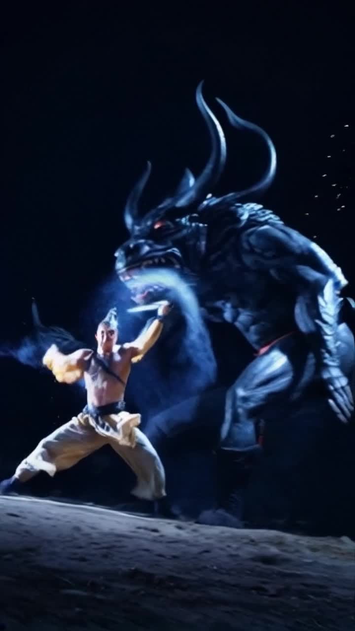 Warrior radiating vibrant luminescence executing ancient martial arts with precision shadows swirling like a tempest around him dark towering demons lunging threateningly towards him energy pulsating in rhythmic waves gracefully dismantling foes with effortless fluidity chaotic backdrop of swirling shadows illuminated by bursts of ethereal light showcasing a fierce battle between light and darkness