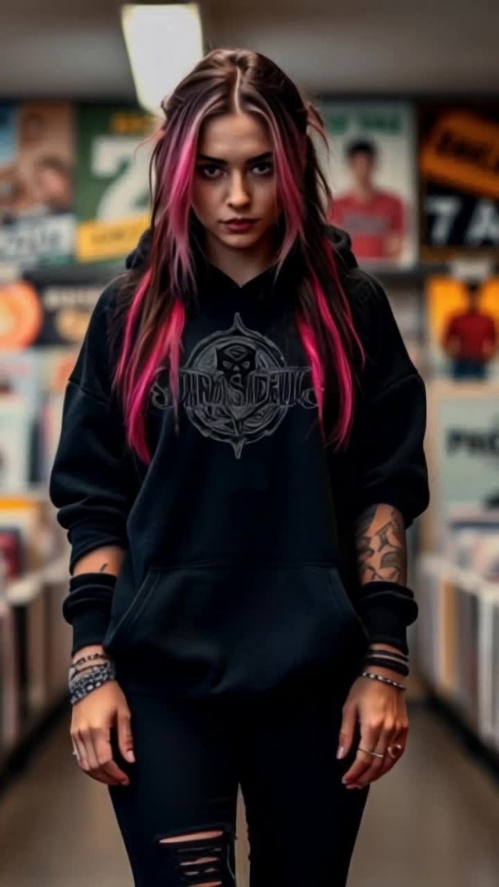 Alternative model with  tattoos and unique alternative psychedelic style strikes a confident pose Standing tall with an air of individuality in a chic urban setting surrounded by colorful street art and bustling coffee shops capturing the essence of modern city life and creative expression