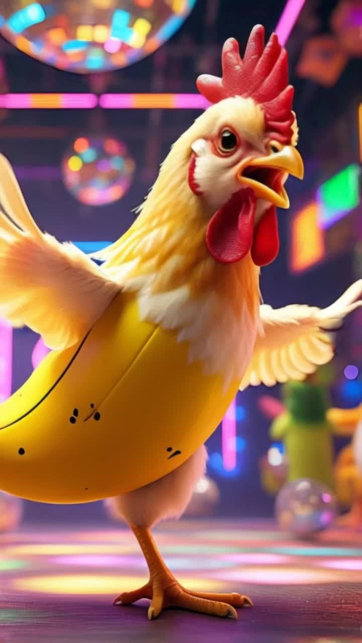 Colorful chicken with vibrant feather patterns twirls energetically alongside a playful banana with cartoonish eyes and a mischievous smile spinning rhythmically Flashing disco lights illuminate a pulsating dance floor surrounded by lively partygoers grooving to upbeat music as glittering confetti rains down creating a festive atmosphere