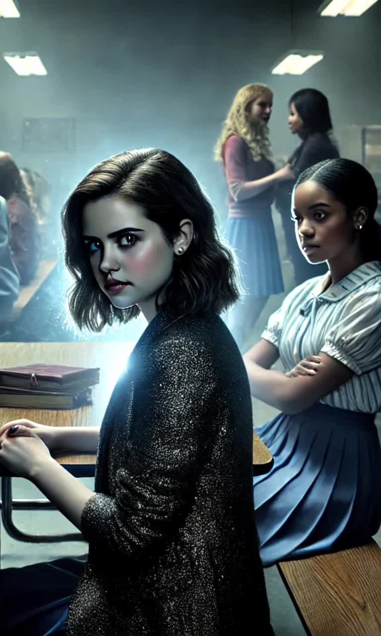 Sitting at the lunch table in the school cafeteria, get situated as they wait for the fourth member, a sister of their coven of their radical out cast group, 