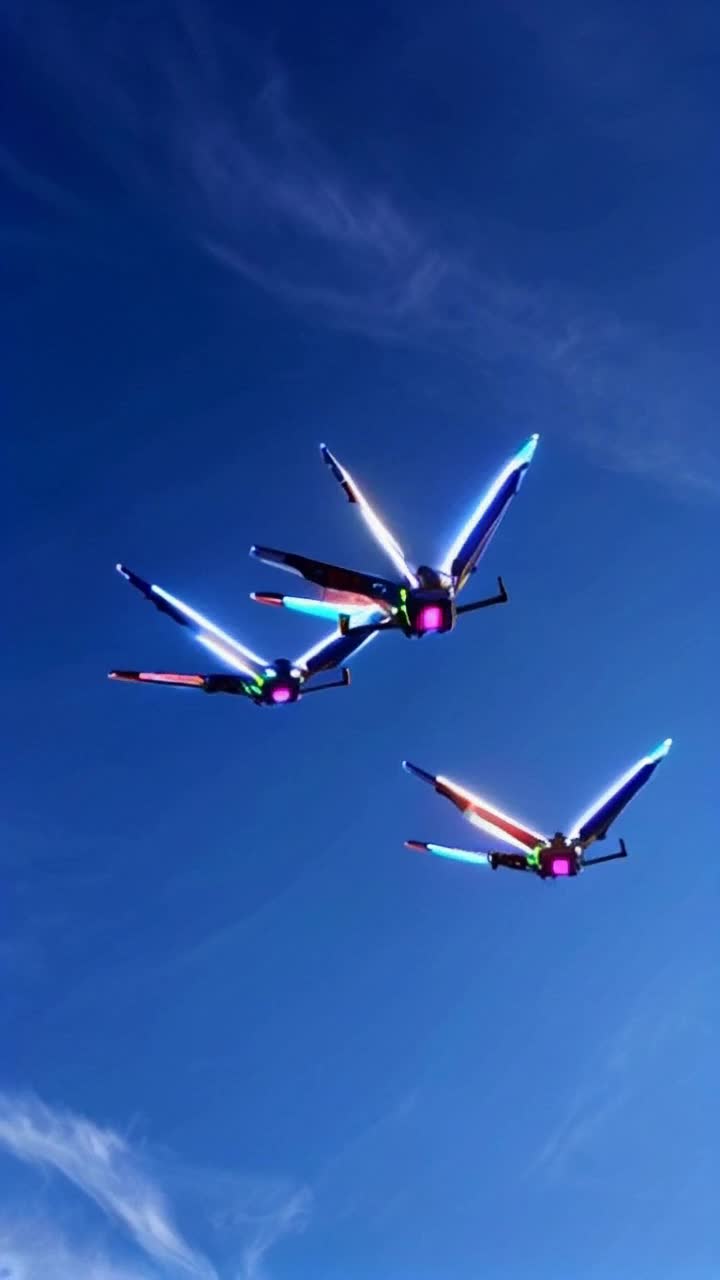 Fascinating sleek robots soaring gracefully through vibrant blue sky gliding effortlessly like hang gliders performing acrobatic maneuvers showcasing advanced technology shimmering in sunlight inspired by Boston Dynamics Cutting-edge features illuminating with neon accents mesmerizing patterns reflecting in sunlight wisps of clouds floating by creating a sense of freedom and innovation excitement palpable in the air as these high-tech marvels dance through the atmosphere pushing boundaries of possibilities