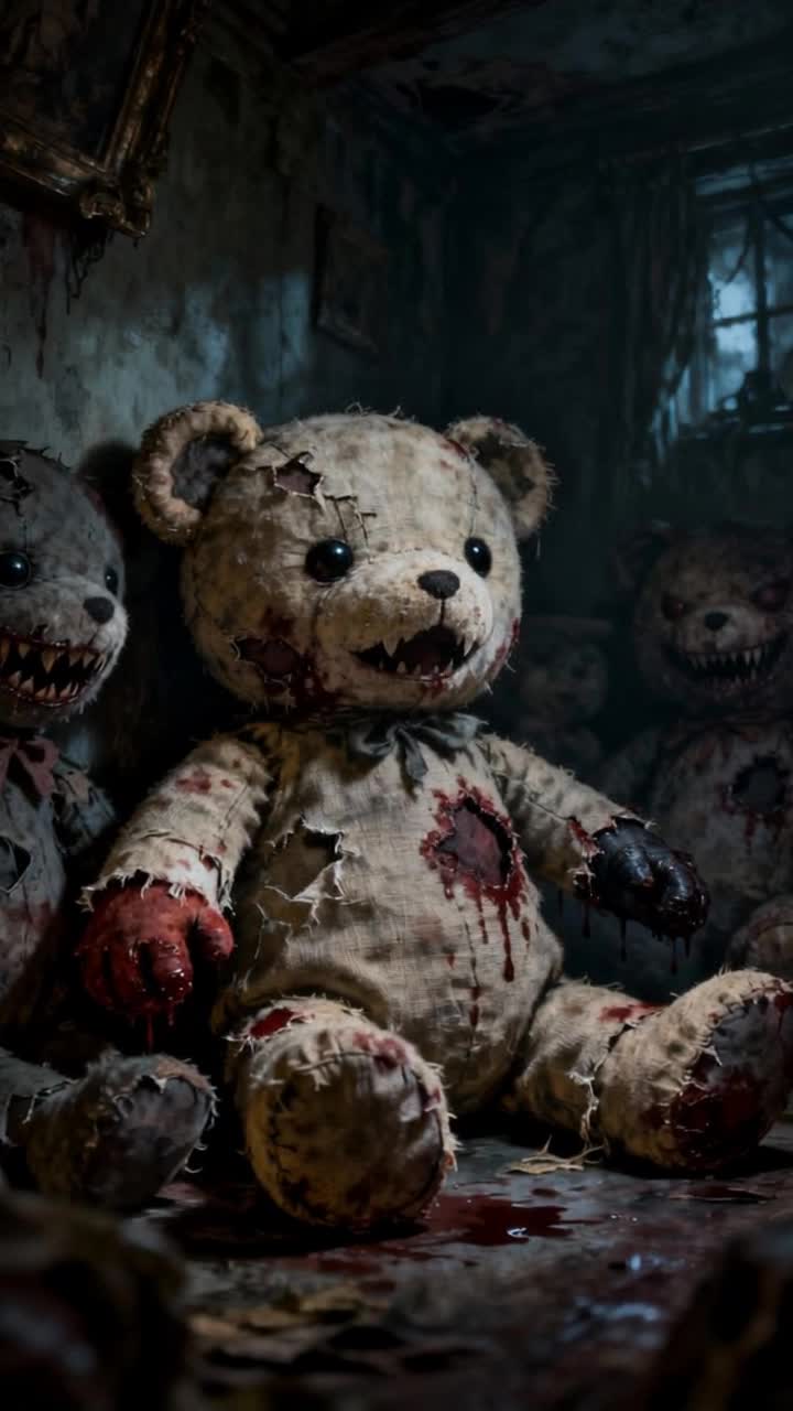 The evil teddy bear turns to look directly into the camera as his lips curl into an evil fanged grin, and its eyes start to glow like hot red embers, camera zooms in