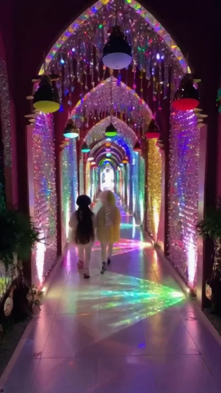 Two whimsical figures meandering gracefully through a dazzling corridor of vivid hues Sparkling walls reflecting radiant light in every direction Overhead prisms scatter rainbows creating a kaleidoscope effect on the floor Lush greenery peeking through vibrant shades adding life to the scene