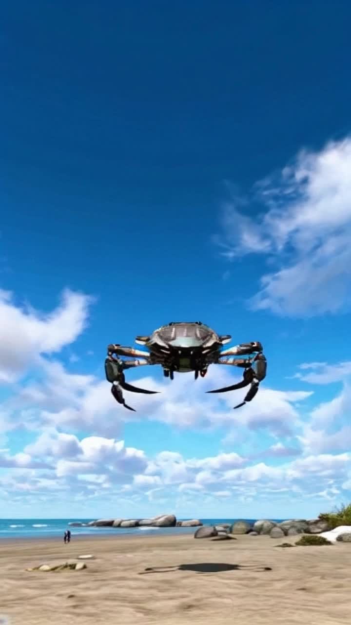 crab inspired war drone, beach background, borderlands art style