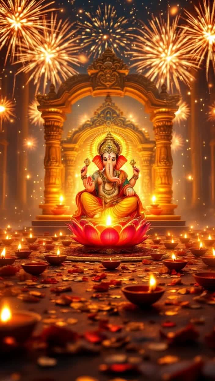 An enchanting gathering of vibrant earthen lamps illuminates the scene Each diya flickers with a golden flame revealing intricate patterns as music begins to play A majestic image of Lord Ganesha slowly emerges on a resplendent red lotus showered with divine light capturing every detail of his ornate attire Nearby Goddess Mahalakshmi appears radiantly on a white lotus surrounded by a cascade of golden coins and fragrant petals A festive Mandap unfolds in a background of flickering diyas as calm shlokas fill the air showcasing the spirit of Diwali Glorious fireworks burst to life displaying sparkling visuals culminating in an uplifting celebration of joy