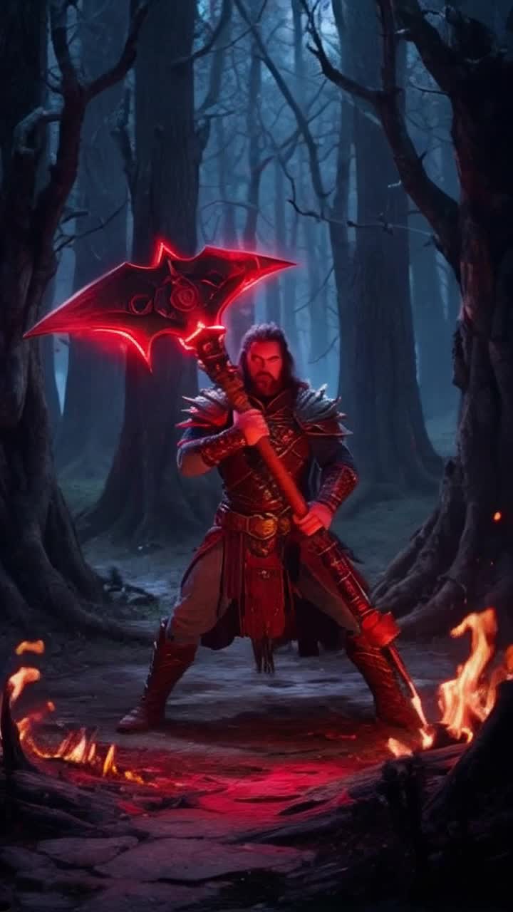 heroic warrior gripping magnificent axe of retribution radiating strength vibrant red gel lighting igniting surrounding darkness towering ancient trees casting shadows flickering flames in the background creating an atmosphere of impending battle darkness swirling with energy empowering his presence intense focus in his eyes showcasing unwavering determination
