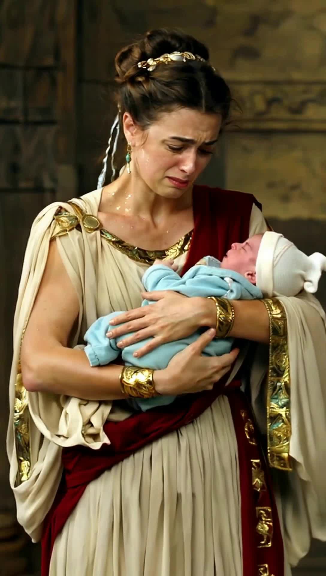 a woman with child in pain in ancient greek
