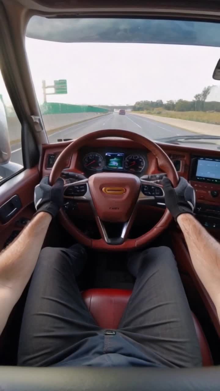I drive my own mega motorhome is among the most sophisticated cockpits  Im sitting at the gold played steering wheel with a small control panel in the center of the steering wheel itself my cockpit view is as high above the expressway as of driving an over the road tour bus the entire dash bord with all applicable inside lights and LEDs clearly working you can clearly see my hands on the steering wheel  Im a masculine gold skinned black man wearing black leather driving gloves it is seven oclock pm the expressway is well lit I am traveling at a speed of eighty five mph the entire dashboarding center console or Rich woodgrain  red wood this is avery active scene