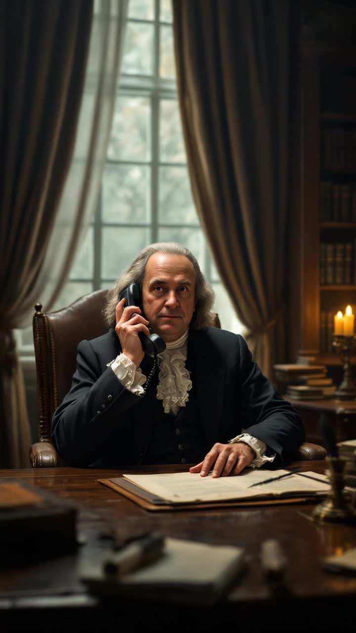 Ben Franklin in the office on the phone making a deal