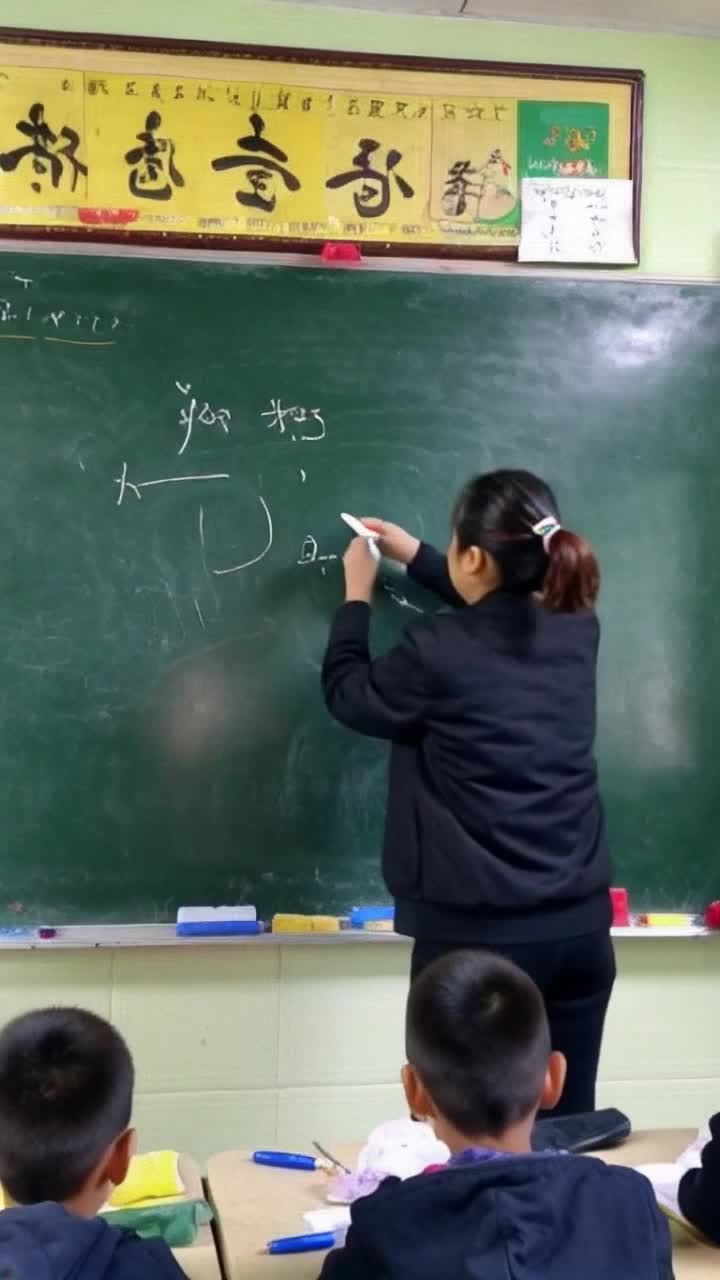 Passionate teacher animatedly writing equations with bright white chalk gliding smoothly across dark green chalkboard Classroom filled with eager students sitting at wooden desks eyes wide with curiosity Sunlight streaming through large windows illuminating colorful educational posters on walls