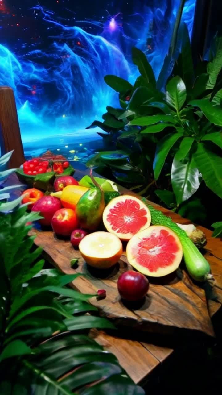 Vibrant fruit glistening in sunlight colorful vegetable resting on a wooden table intricate crystal vase sparkling with reflections Swiftly slicing through their surfaces revealing juicy interiors and crisp textures Surrounding scene filled with lush tropical foliage digital landscapes soaring into futuristic skylines immersive atmosphere with swirling colors and dynamic lighting