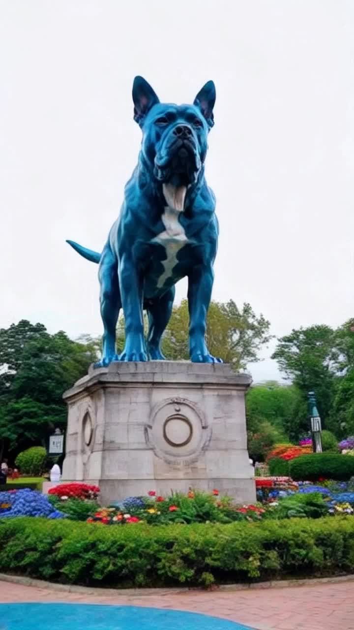 Majestic giant statue of a regal blue Staffordshire pitbull dog standing proudly on a pedestal radiating strength and loyalty glimmering under sunlight Bulging muscles and fierce expression showcase a sense of guardianship while gentle eyes invite admiration Powerful stance commands attention as its tail arches elegantly Soft breeze rustles nearby vibrant foliage adding life to the scene Lush parkland spreads out around the statue sprinkled with colorful flowers creating a vibrant contrast against the blue hue Distant children play and laughter fills the air enhancing the serene atmosphere of this enchanting park setting