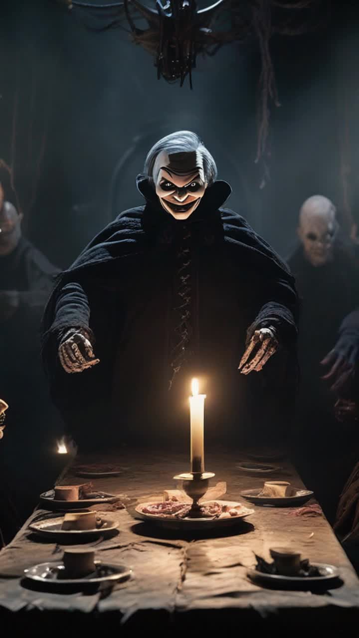 Sinister puppet master Brett cloaked in shadows controlling a legion of eerie marionettes with twisted grins and lifeless eyes manipulating strings with malevolent precision sinister grin playing across his face darkened, decrepit theater filled with cobwebs and flickering candles haunting whispers echoing through the air as tremors of fear ripple through the audience shadows dance across decaying walls creating an unsettling atmosphere of suspense and dread