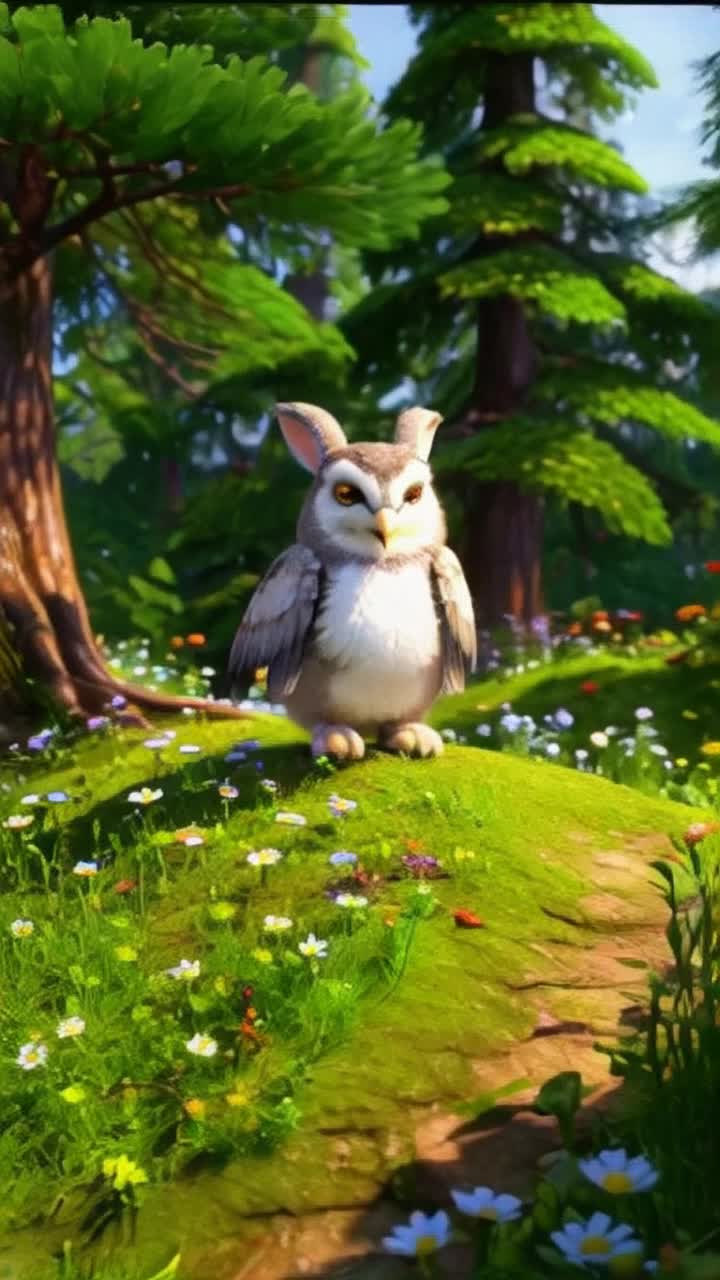 Vibrant 3D animated forest alive with color and magic featuring a wise old plushy owl with twinkling eyes perched on a branch softly flapping majestic wings Inspiring a timid plushy rabbit with soft fur and big ears to hop with newfound determination towards a steep lush green hill adorned with fragrant wildflowers bathed in warm sunlight sparkling through the leaves