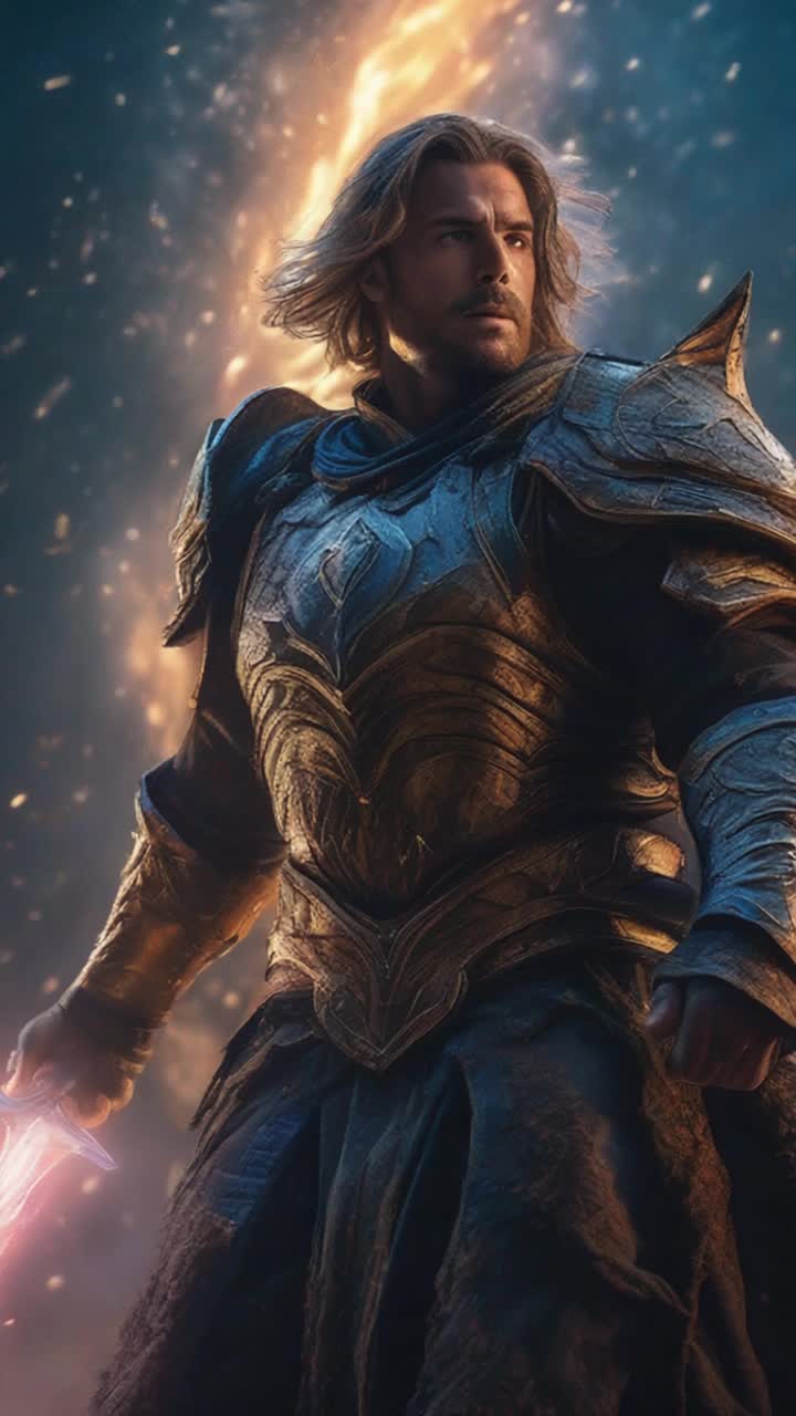 Valiant warrior standing tall muscles flexed heroic pose shimmering ethereal light surrounding him pulses rhythmically dark shadows of defeated foes fading away glimmers of luminescence highlighting intricate armor vibrant colors swirling in the air as energy radiates divine power emanating a sense of strength serenity triumph in a mystical battlefield illuminated by flickering stars echoing whispers of valor
