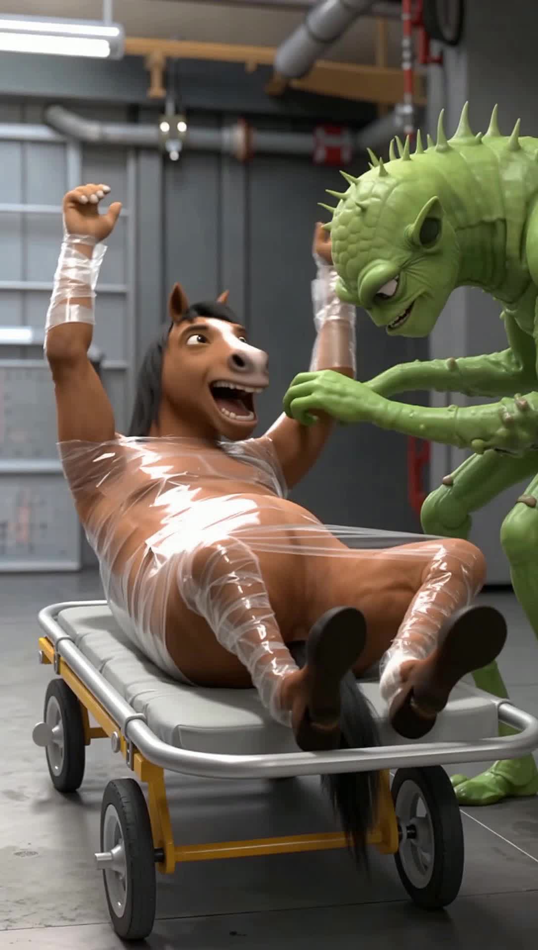 Anthropomorphic horse laughing insanely with his arms strapped taut above his head in plastic wrap on a gurney as an alien creature tickles his armpits, armpit tickling focus