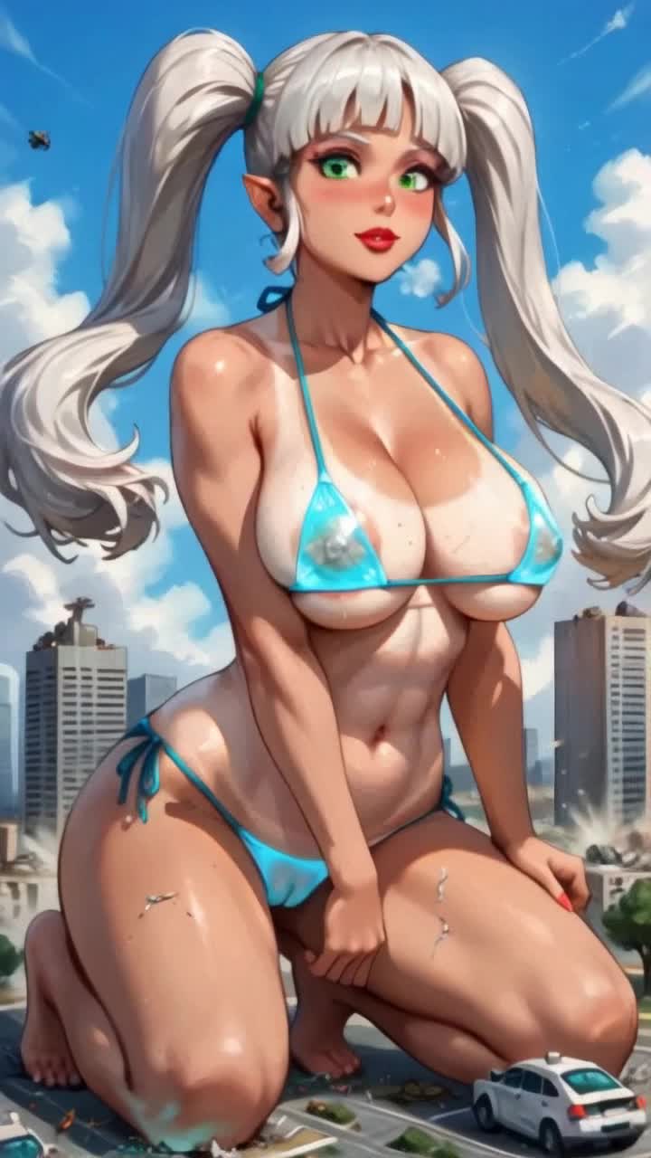 Majestic giantess with flowing hair and radiant beauty towers over the skyline Embodying strength she effortlessly stomps through buildings creating chaos and destruction Vivid cityscape below filled with crumbling skyscrapers and billowing clouds of dust as her footsteps shake the ground Sun sets in the background casting a warm glow on the scene while debris flies through the air enhancing the dramatic atmosphere Surrounding clouds reflect hues of orange and purple as the city succumbs to her might