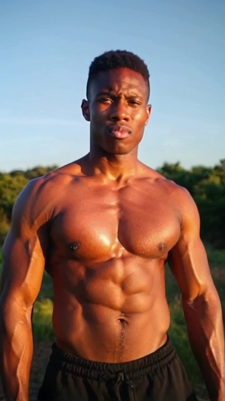 Tall muscular figure with sunkissed skin striking a commanding presence radiating confidence and allure impressively welldefined physique showcasing strength and power oozing charisma as he stands proud outdoors under a brilliant blue sky surrounded by lush greenery shimmering sunlight casting warm golden rays highlights his features exuding vitality and vigor inviting admiration and curiosity capturing the essence of summer freedom blending with natures beauty