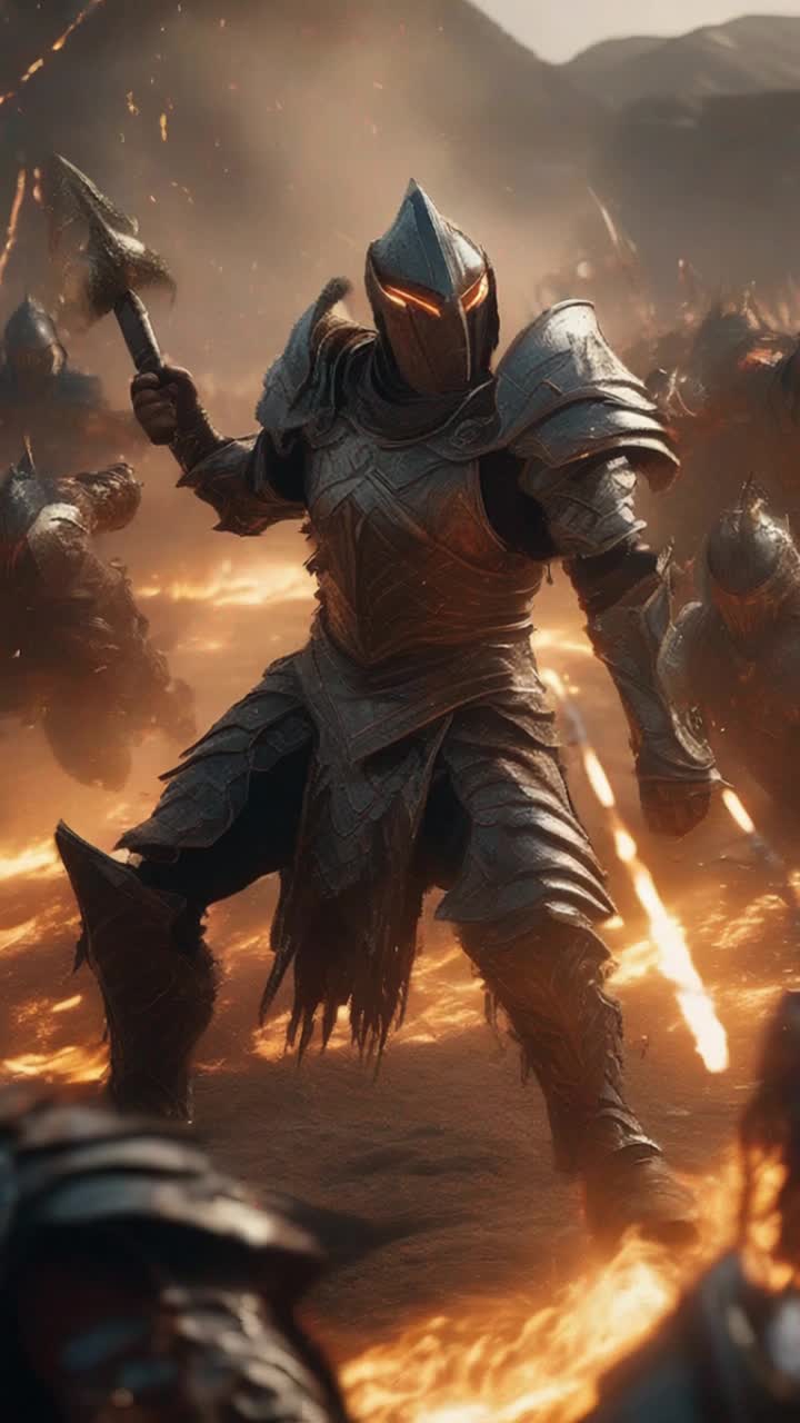 Chosen warrior in gleaming armor dismantles menacing demonic horde with each powerful swing of arm spiraling through battle with gleeful laughter flowing like a melody unstoppable and invigorated by surging raw power glowing around body swirling dust and debris fills air vibrant flashes of magical energy illuminating chaotic scene haunting shadows of defeated foes linger on cracked earth