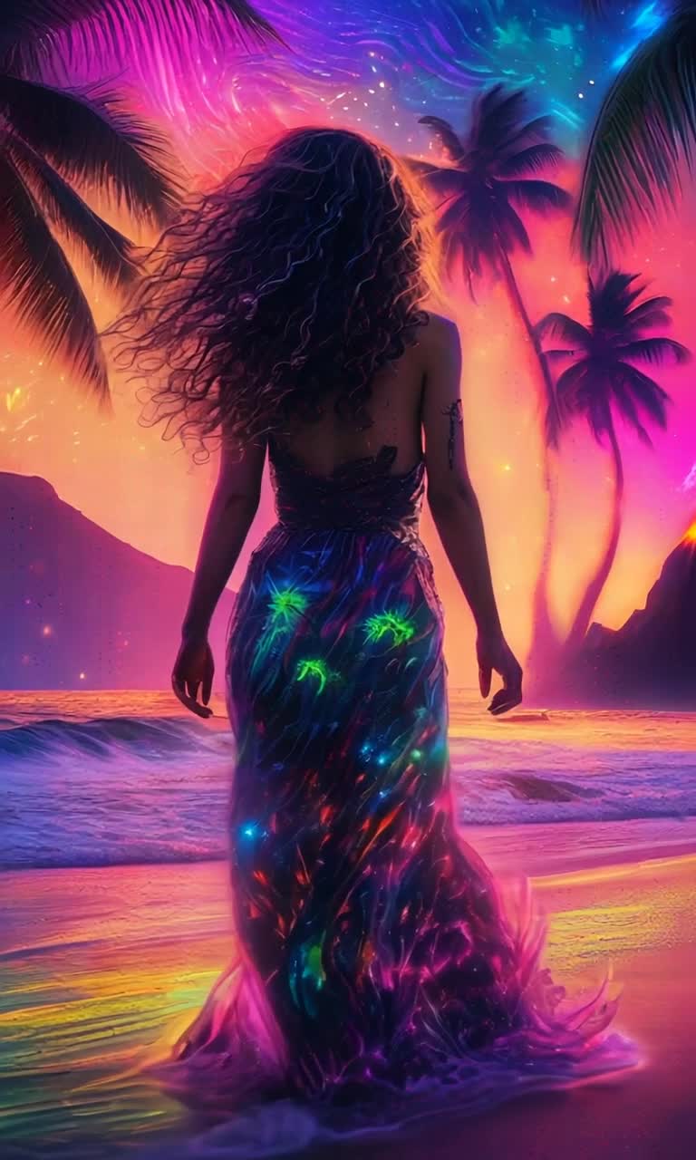 Approximately maximalist multicolored lighted superfinelinedrawing of gothgirl medium curlywavey hair, delicate beach dress, elongated features, walks along exotic Hawaiian beach at night, her footsteps glowing with bioluminescent multihued imprints, internally glowing colorful palm trees, distant volcano slowly erupts, amazing stars, crescent moon backlit maximalist linedrawing on glossy porcelain, intensely radiant microcolorsplotch, exotic color  life depth of scene