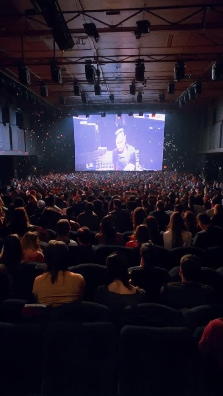 An extremely chaotic movie theater where people are throwing drinks and popcorn at each other