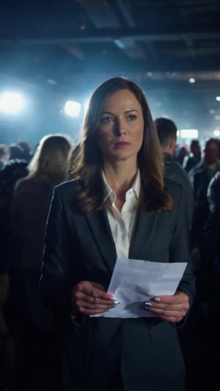 A determined woman in a tailored suit stands at a crowded summit filled with anxious investors and flashing stock tickers as chaos erupts around her Stocks plummet and panic ensues as she slips into darkened corners of the bustling hall leaving behind a bold manifesto that glows with revolutionary fervor illuminated by flickering lights of screens Amidst the chaos whispers of a growing movement spread like wildfire fueled by the promise of freedom and control over lost data