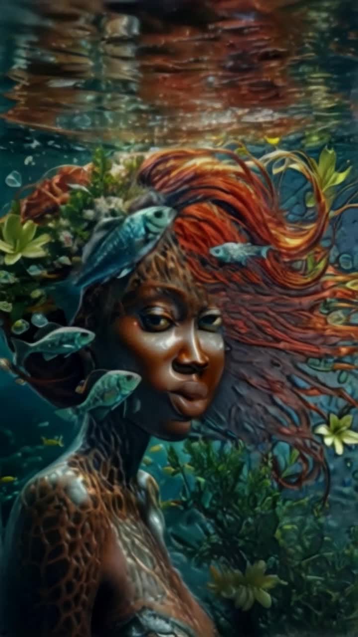 Stunning mermaid adorned with intricate patterns swirling in vibrant hues reminiscent of Van Goghs brushstrokes shimmering in turquoise waters graceful hair flowing like tendrils of seaweed dancing with the currents surrounded by schools of colorful fish weaving through vibrant coral reefs ethereal light filtering down creating a glasslike surface above illuminating the magical underwater scene cascading bubbles rising softly creating a mesmerizing atmosphere of tranquility and wonder 4k