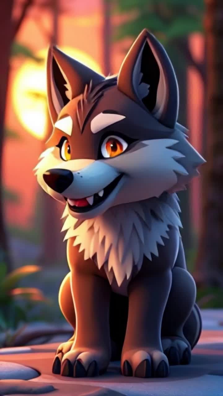 Wolf with shimmering tritone fur blends flawlessly into lush forest foliage gracefully prowls through vibrant hues of sunrise paints sky in shades of orange and pink ethereal glow illuminates scene as wolf pauses to gaze over tranquil landscape fangs bared in playful smile showing intelligence and spirit dynamic movement captured in full body view showcasing delicate features from twitching ears to bushy tail surrounding ancient trees and dappled sunlight create enchanting atmosphere brimming with adventure and wonder inviting exploration into untamed wilderness of imagination