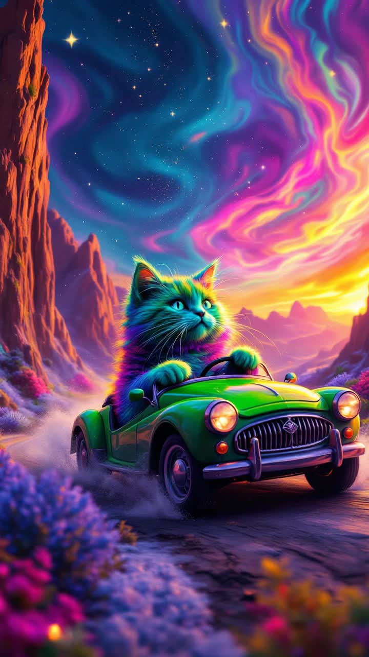 Psychedelic cat with fur of neon colors swirling hypnoticly driving green barchetta, amazing colors fill the sky as stardust floats overhead, extremely intricate and colorful 