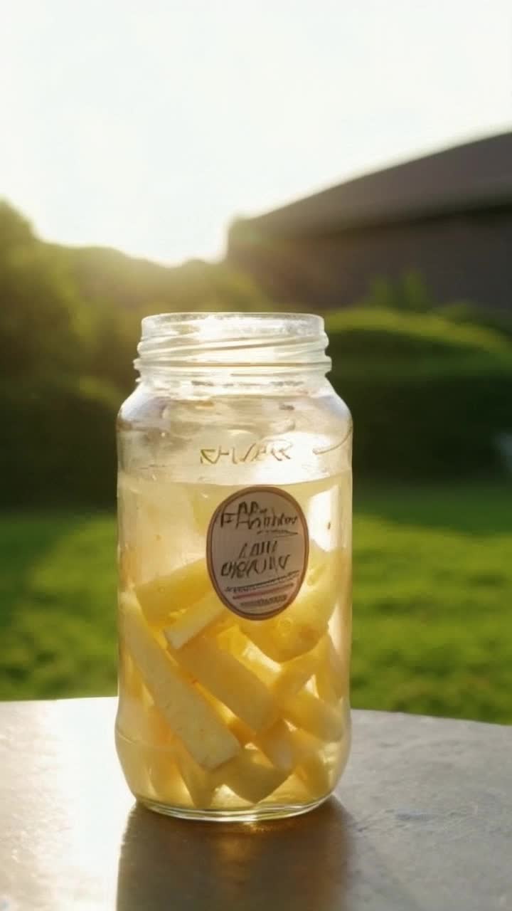 An extremely detailed, bright jar of salted potato soda, viewed from all sides, suddenly explodes with splashes of fizzy liquid dancing in the warm rays of the sun explosions of fountains of drink echo among the bright green trees as the golden sun sets, painting the sky in warm shades, magical moments that transform the ordinary into an extraordinary celebration, joy radiating in the rays of the sun