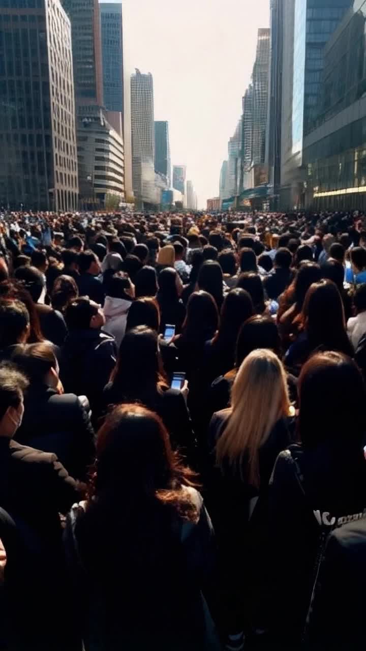 Massive crowd of weary individuals absorbed in their devices faces illuminated by screens expressions vacant drifting stories lost Action swaying gently like leaves in a soft breeze collective energy muted tranquility encapsulating their existence Background bustling urban landscape around towering buildings glimmering reflections sunlight casting long shadows tangle of pathways beneath an endless sky hinting at distant possibilities
