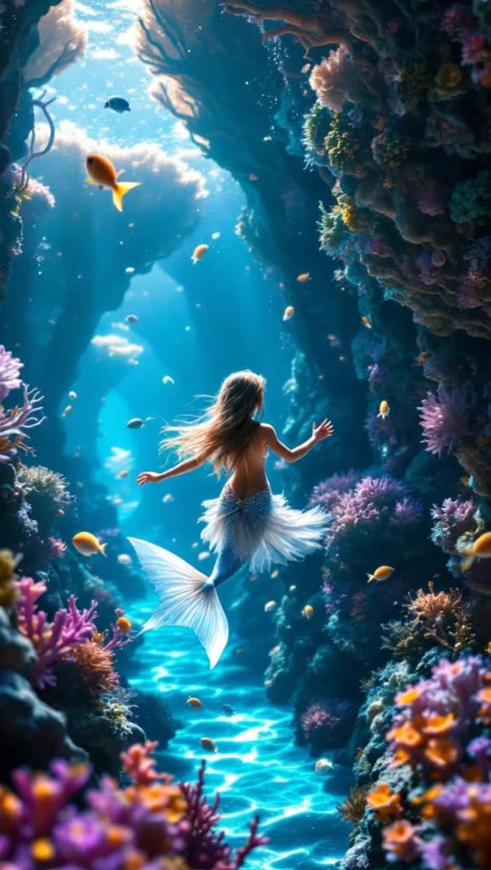 The adorable pixie mermaid glides through her underwater coral city with graceful finesse, fierce mermaids of all kinds mimic her graceful movements along the underwater coral city avenue of life, in vivid detail and striking color depth