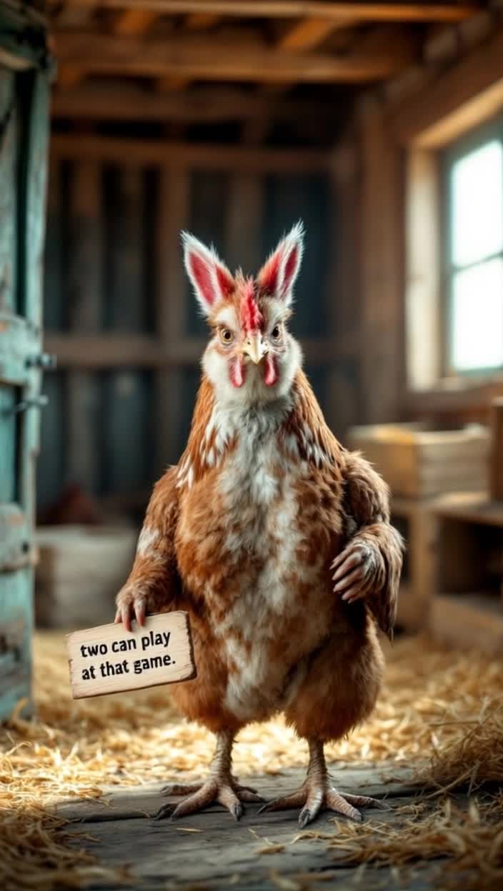 A chicken wearing costume fox ears saying two can play at that game, setting is inside a chicken coop