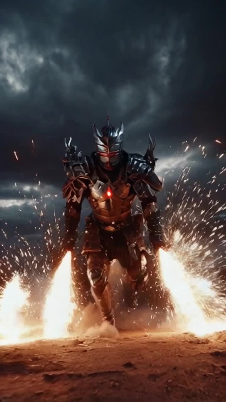Warrior clad in ornate armor surging forward with intense determination, muscles rippling beneath shimmering metal, fierce expression illuminating focused eyes, unleashes explosive energy blasts radiating with pulsating light, slicing through tense air with shocking speed, dynamic motion blurring each powerful leap, electrifying sparks cascading around him, darkened battlefield in the background, swirling clouds overhead crackling with anticipation, distant echoes of chaos resonating as ominous shadows loom, adrenaline-fueled atmosphere pulsating with raw intensity, showcasing an epic confrontation poised on the edge of destruction