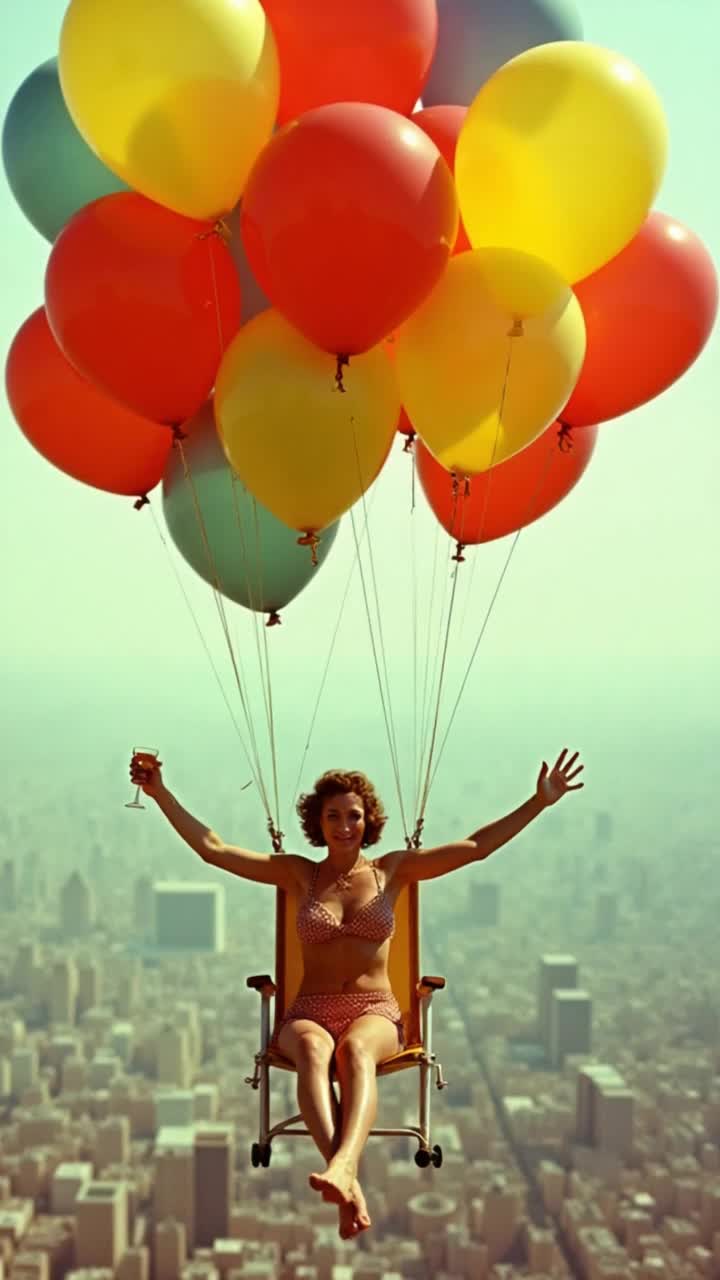 In the warm, grainy style of a 1970s film, a woman casually enjoys a beverage while seated in a simple lawn chair with a large collection of brightly colored balloons, floating serenely high above a sprawling cityscape the colorful cluster of weather balloons lifts her into the hazy sky, creating a whimsical and surreal spectacle of peaceful defiance against the urban expanse below She gives a cheers motion as she floats by