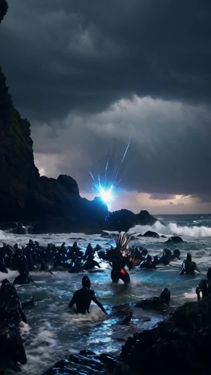 High vibrational warrior with spikey hair radiating fierce energy surrounded by a menacing horde of demons surges forward channeling his atomic blue energy crackling like lightning illuminating the dark stormy sky swirling ominously above chaos and tension erupting in the air with flashes of light contrasting against shadowy figures of the demons lurking menacingly in the gloom fierce waves crashing against rocky cliffs creating a dramatic backdrop for this epic confrontation as the tide ebbs revealing a battleground filled with determination and raw power ready to unleash a heroic clash of good versus evil