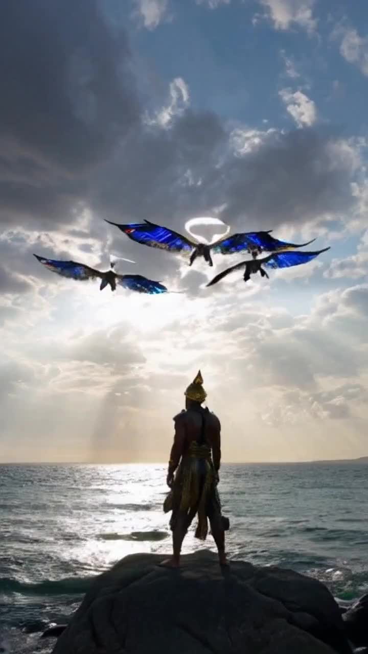 Beautiful angels emcampws around a handsome  ebony warrior crosses many waters and Beautiful high mountains 