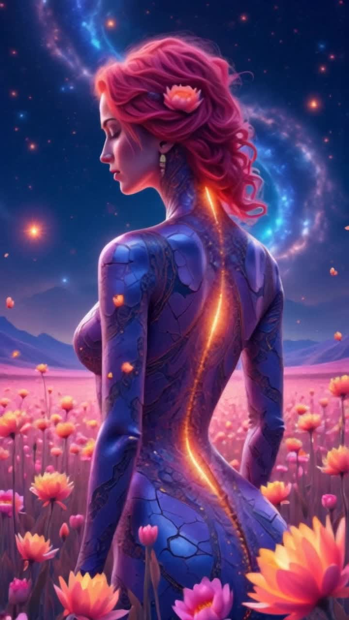 Hybrid interplanetary female with radiant skin and shimmering features strolls gracefully among bioluminescent flowers glowing in vivid hues that magnetically lean and sway towards her enchanting presence She twirls playfully as the flowers pulse with vibrant light in response to her movements In the distance cosmic swirls of galaxies and star clusters rotate fluidly creating a breathtaking backdrop filled with swirling colors and shimmering celestial bodies illuminating the scene revealing the beauty of an otherworldly paradise