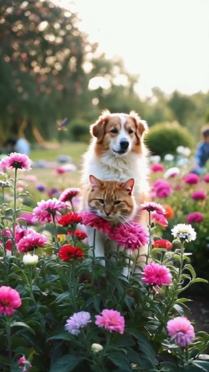 Joyful dog perched atop a fluffy cat bouncing playfully through a vibrant garden filled with blooming flowers vibrant colors dancing in sunlight soft breeze rustling leaves butterflies fluttering around adding whimsy to the scene delightful laughter of children playing in the distance