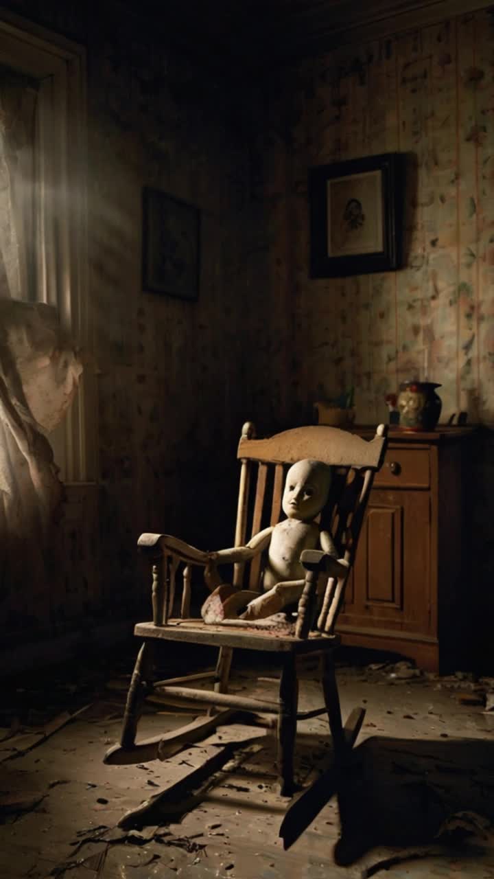 A closeup of a cracked porcelain doll sitting upright in a dustladen childs chair Its face is pale and ghostly, eyes faded to a milky gray, one pupil missing The expression is frozen in a silent, haunting gazeneither warm nor cold, only empty Wisps of cobwebs cling to its tangled hair, and one arm hangs askew, as if reaching In the background, the suggestion of childlike laughter echoes faintlybut no one is there The atmosphere is chilling, gothic, and mournful