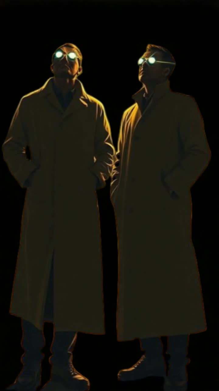 Two men in long trenchcoats each sporting vibrant glowing thick glasses scanning the night sky in unison moving their heads side to side with deliberate precision to the same beat  Dark night sky stretched endlessly above shimmering with distant stars  Silhouettes of majestic mountains dominate the landscape as beams of powerful searchlights pierce up through the darkness illuminating the vast expanse of mountains with dramatic intensity  Mysterious atmosphere enhancing their synchronized movements creating an enchanting and captivating looping scene 