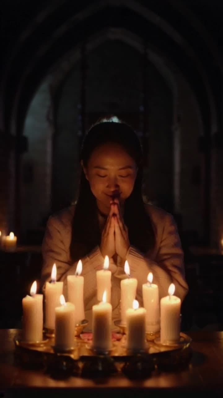 A woman prays solemnly in a dark room lit solely by many candles scattered throughout the room, she lifts her gaze as she smiles warmly at the viewer 