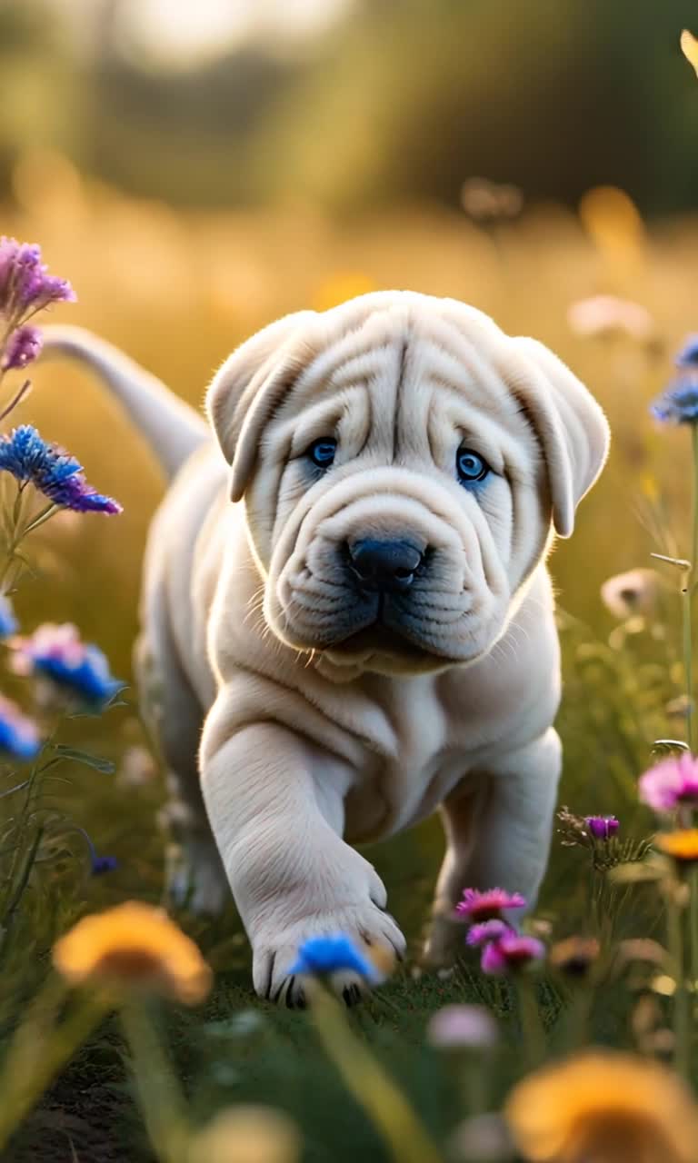 Adorable solid white Shar Pei puppy with striking blue eyes and an abundance of charming wrinkles bounces playfully across a sunlit meadow surrounded by colorful wildflowers swaying gently in the breeze Soft golden sunlight filters through the trees casting playful shadows on the puppys fluffy fur while butterflies flit about adding a touch of magic to the scene The playful pup sniffs curiously at vibrant blossoms with its little tail wagging enthusiastically showcasing moments of pure joy and innocence in a picturesque outdoor paradise