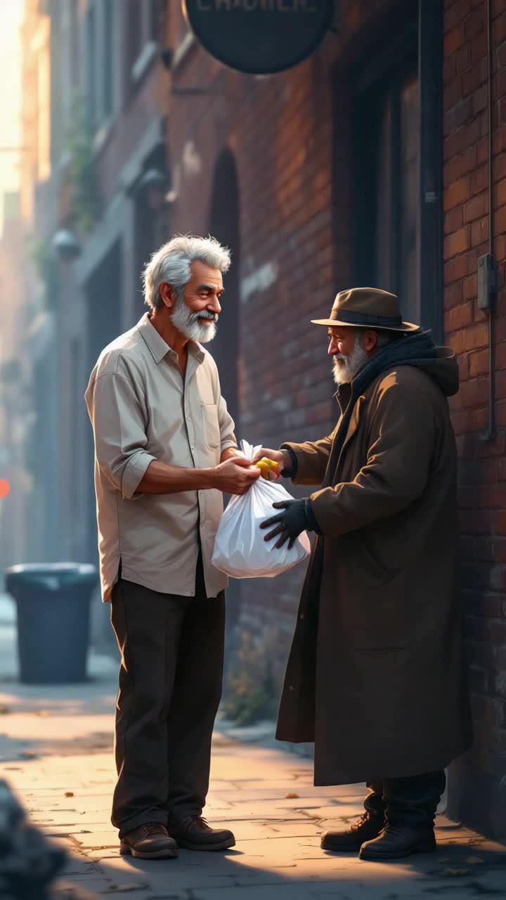 Grey haired hispanic man in his 50s handing out food to homeless people