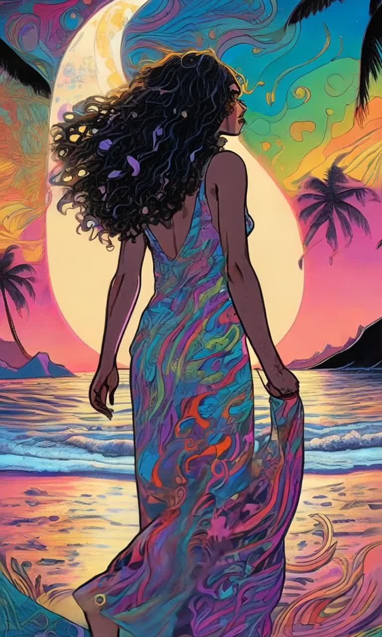Approximately maximalist multicolored lighted superfinelinedrawing of gothgirl medium curlywavey hair, delicate beach dress, elongated features, walks along exotic Hawaiian beach at night, her footsteps glowing with bioluminescent multihued imprints, internally glowing colorful palm trees, distant volcano slowly erupts, amazing stars, crescent moon backlit maximalist linedrawing on glossy porcelain, intensely radiant microcolorsplotch, exotic color  life depth of scene