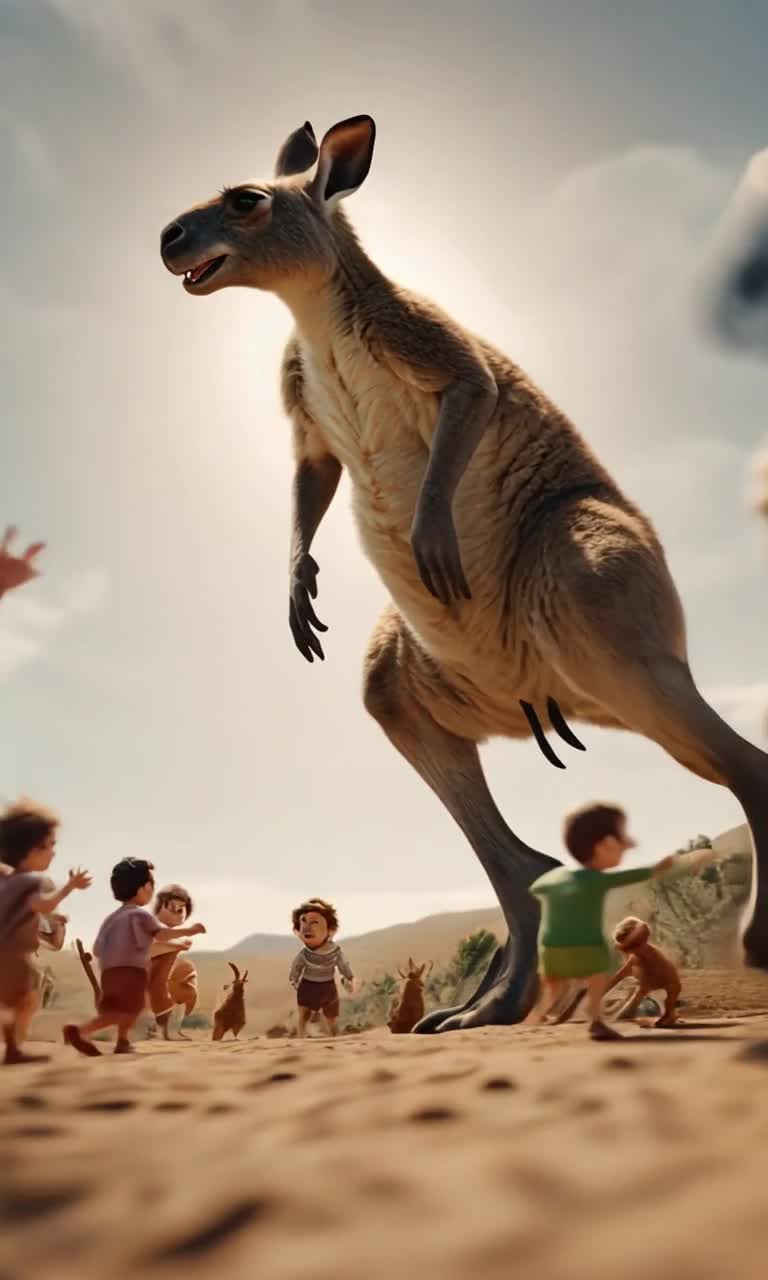 Low angle view of a giant kangaroo chasing a bunch of tiny people at his feet and laughing as he does it